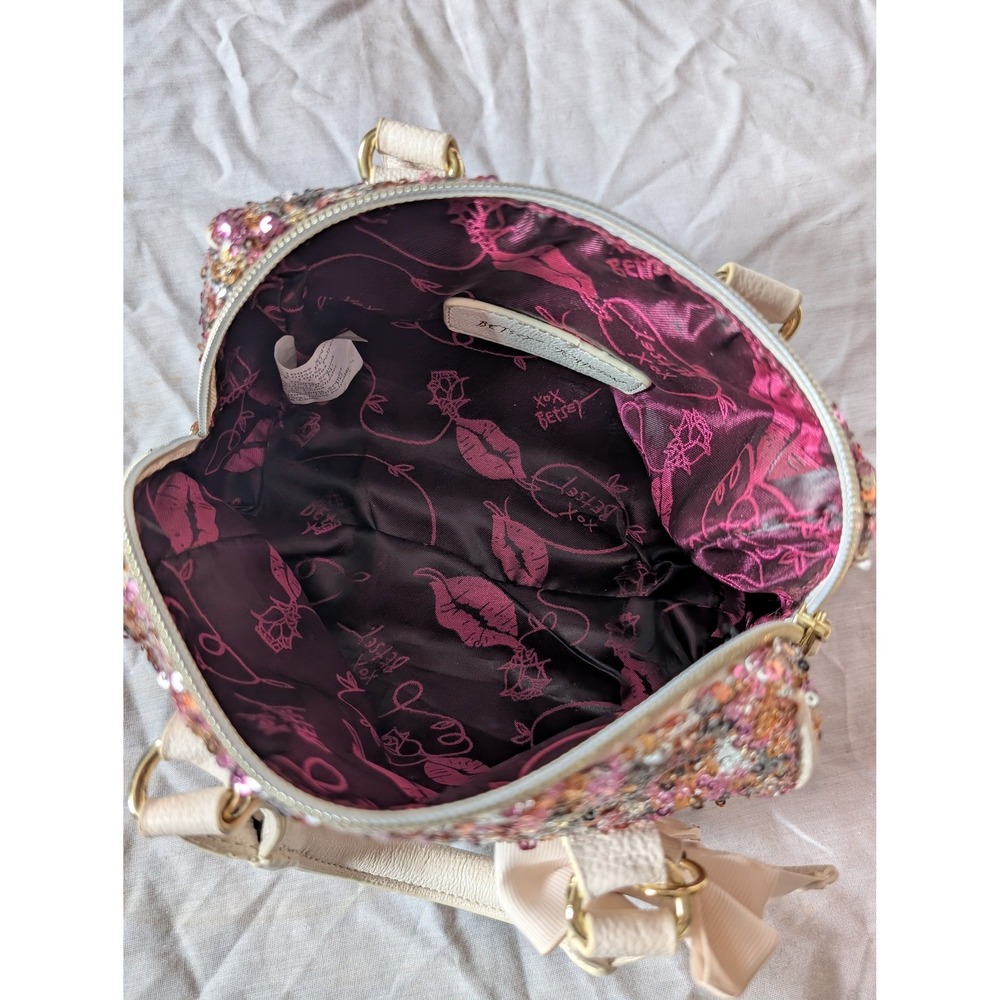 Betsey Johnson Sequin Bow Heart Charm Satchel Handbag Pink Gold Multi Color - Picture 6 of 6